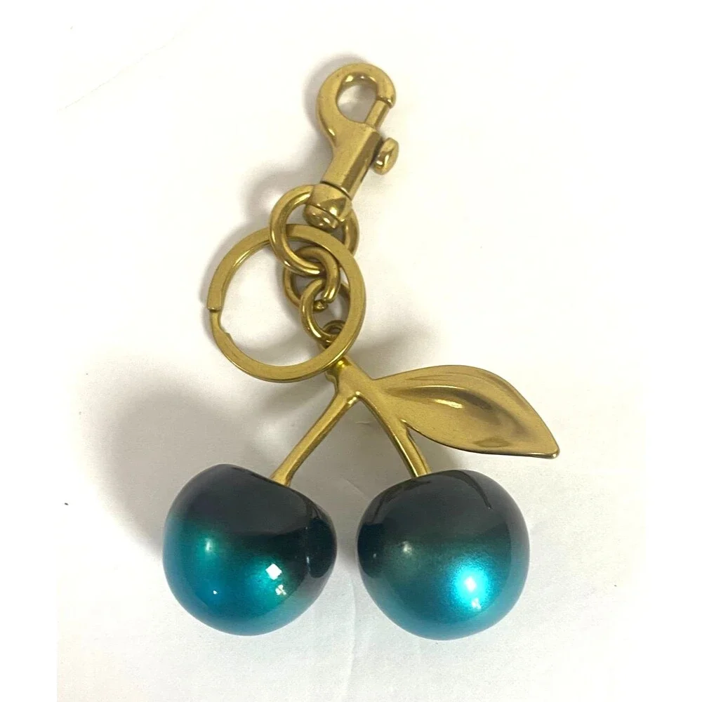 Ombre Teal Black Cherry Cherries Keychain Bag Charm Resin Gold Tone Metal